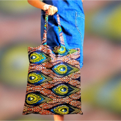 Tote bag "Oeil de boeuf" en pagne wax et en toile